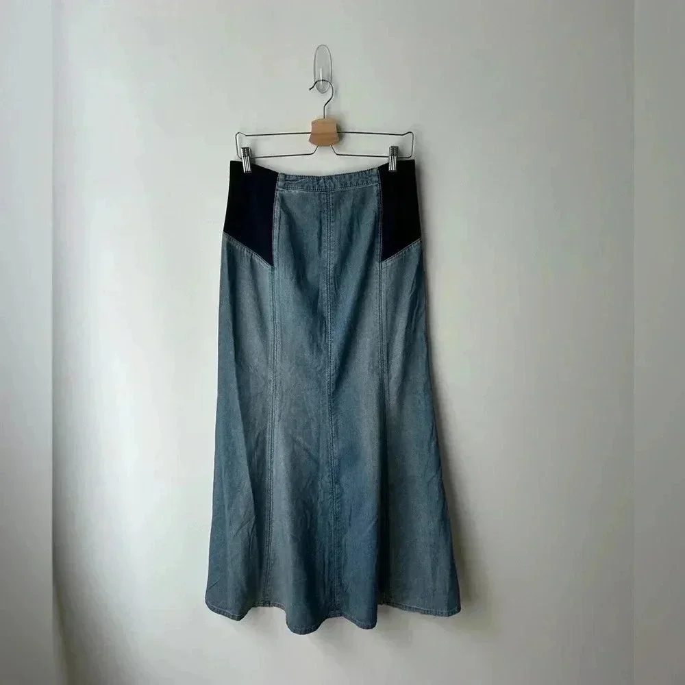 BCBGMAXAZRIA Y2K Panel Denim Maxi Skirt Stretch Waist Sculpted A-Line S/M - Picture 9 of 11